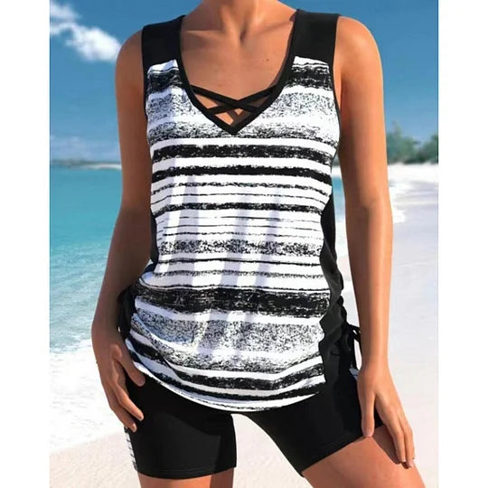 Women's 2 Piece Tankini Set - Black Printed Tank Top Swimsuit with Boardshorts