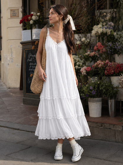 Lorelei | Spaghetti Strap Tiered Lace Layers Midi Dress
