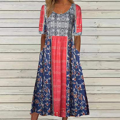Abigail | Women's Boho Printed Square Neck Short Sleeve Midi Dress