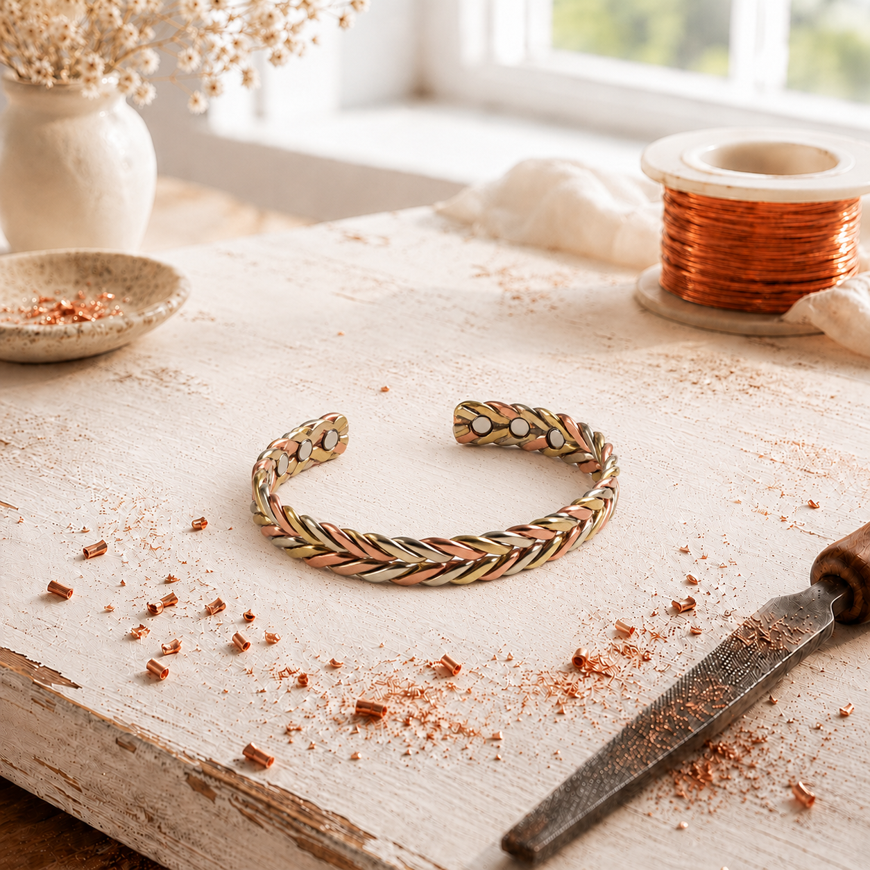 Alorin Tri-Tone Braided Magnetic Copper Cuff Bracelet