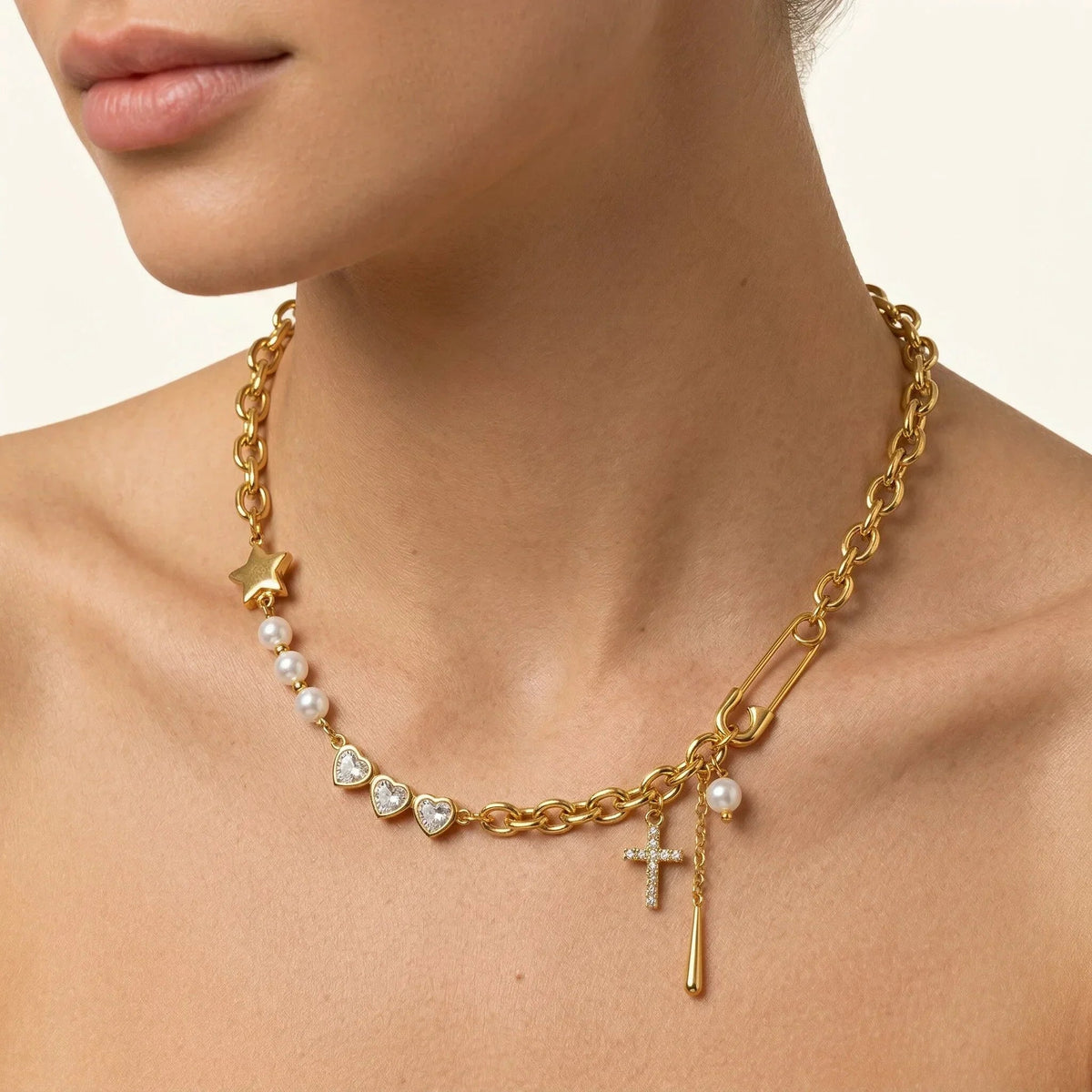 Zeraphine Diamond Pearl Gold Necklace
