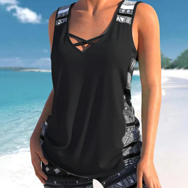 Women's 2 Piece Tankini Set - Black Printed Tank Top Swimsuit with Boardshorts