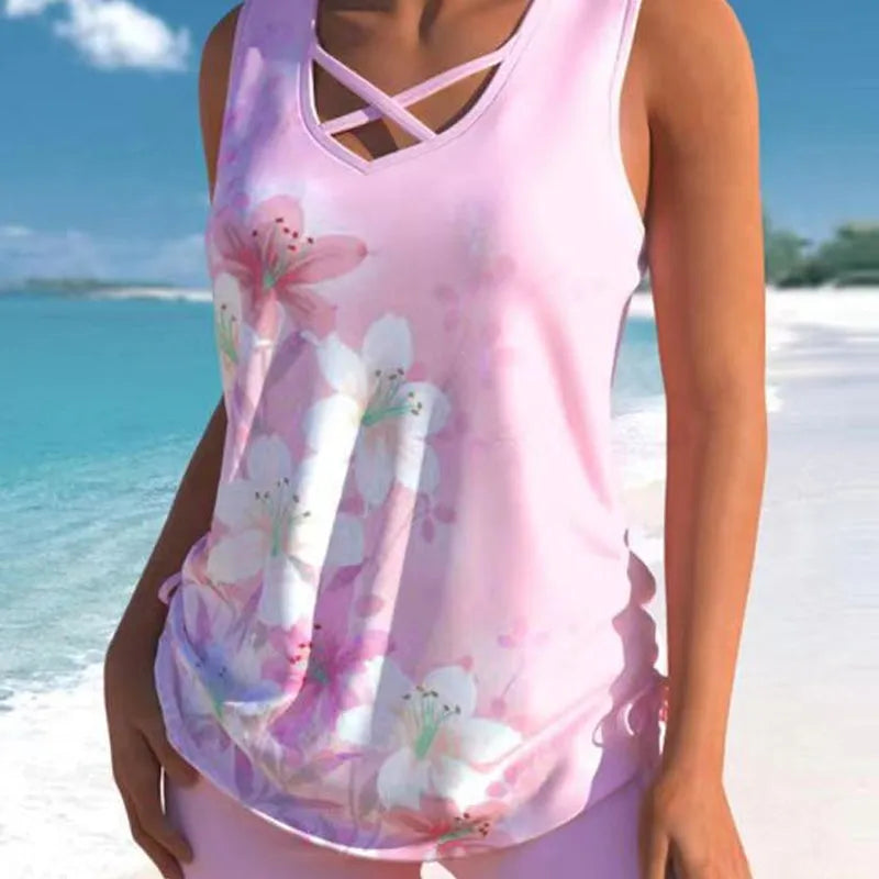 Women's 2 Piece Tankini Set - Black Printed Tank Top Swimsuit with Boardshorts