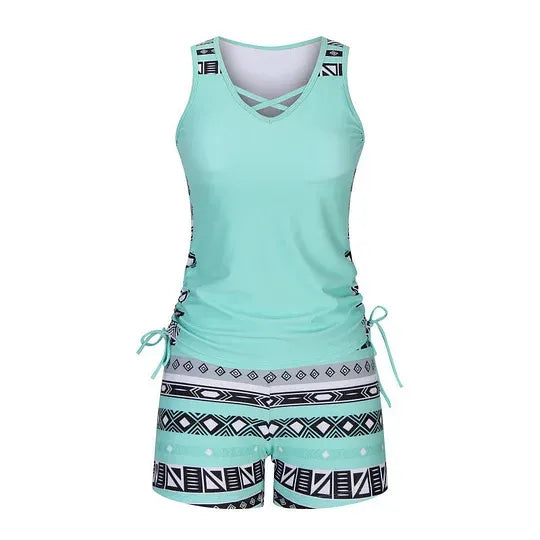 Women's 2 Piece Tankini Set - Black Printed Tank Top Swimsuit with Boardshorts