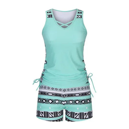 Women's 2 Piece Tankini Set - Black Printed Tank Top Swimsuit with Boardshorts