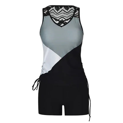 Women's 2 Piece Tankini Set - Black Printed Tank Top Swimsuit with Boardshorts