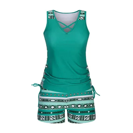 Women's 2 Piece Tankini Set - Black Printed Tank Top Swimsuit with Boardshorts