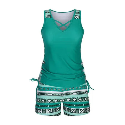 Women's 2 Piece Tankini Set - Black Printed Tank Top Swimsuit with Boardshorts