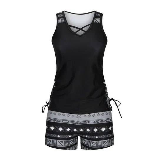 Women's 2 Piece Tankini Set - Black Printed Tank Top Swimsuit with Boardshorts