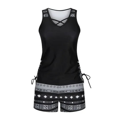 Women's 2 Piece Tankini Set - Black Printed Tank Top Swimsuit with Boardshorts