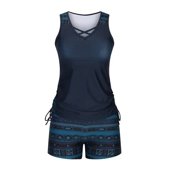 Women's 2 Piece Tankini Set - Black Printed Tank Top Swimsuit with Boardshorts