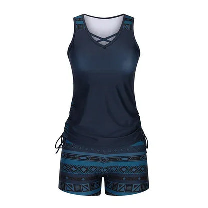 Women's 2 Piece Tankini Set - Black Printed Tank Top Swimsuit with Boardshorts