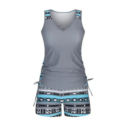 Women's 2 Piece Tankini Set - Black Printed Tank Top Swimsuit with Boardshorts
