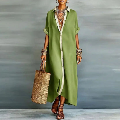 Luna | Linen Maxi Shirt Dress Button Down Short Sleeve Relaxed