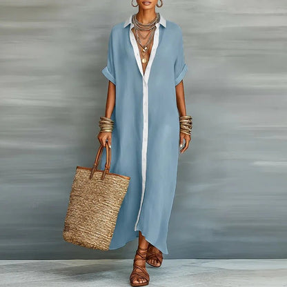 Luna | Linen Maxi Shirt Dress Button Down Short Sleeve Relaxed