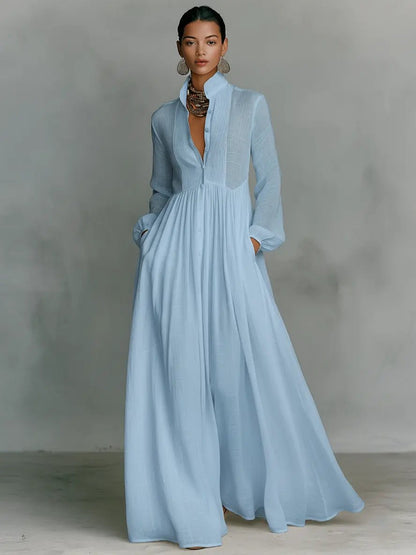 Evelyn | Maxi Dress Cotton Linen Blend Stand Collar Button Front