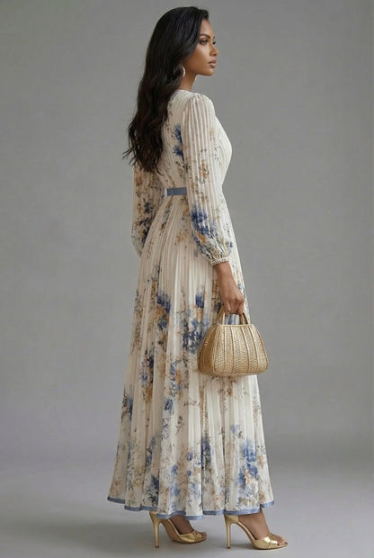 Evelyn | Maxi Dress V-Neck Long Sleeve Pleated Floral Print