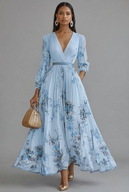 Evelyn | Maxi Dress V-Neck Long Sleeve Pleated Floral Print
