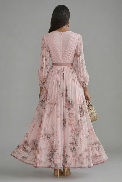 Evelyn | Maxi Dress V-Neck Long Sleeve Pleated Floral Print