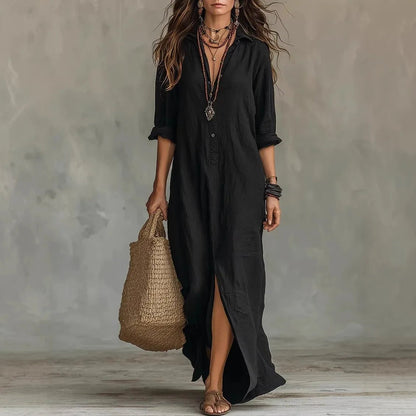 Chloe | Maxi Shirt Dress Three Quarter Sleeves Linen Cotton Loose