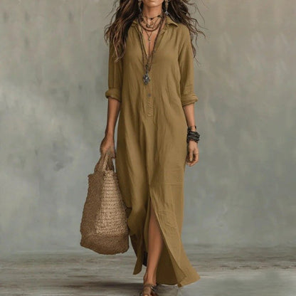 Chloe | Maxi Shirt Dress Three Quarter Sleeves Linen Cotton Loose