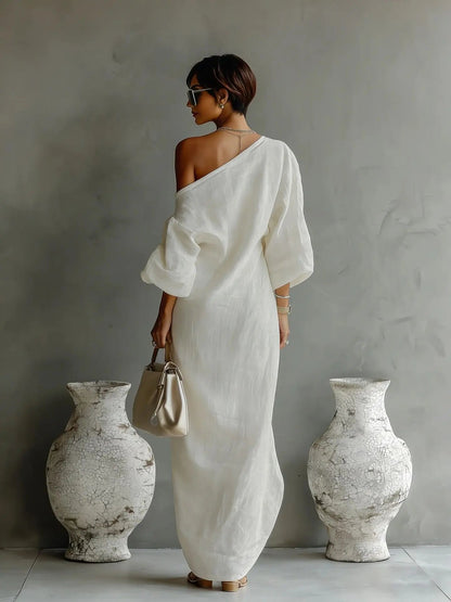 Evelyn | One Shoulder Linen Maxi Dress Asymmetrical Relaxed Fit