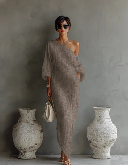 Evelyn | One Shoulder Linen Maxi Dress Asymmetrical Relaxed Fit