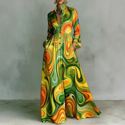 Sophia | Women's High-Waist Geometric Print Long-Sleeve Shirt Dress
