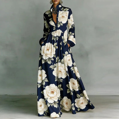 Sophia | Women's High-Waist Geometric Print Long-Sleeve Shirt Dress